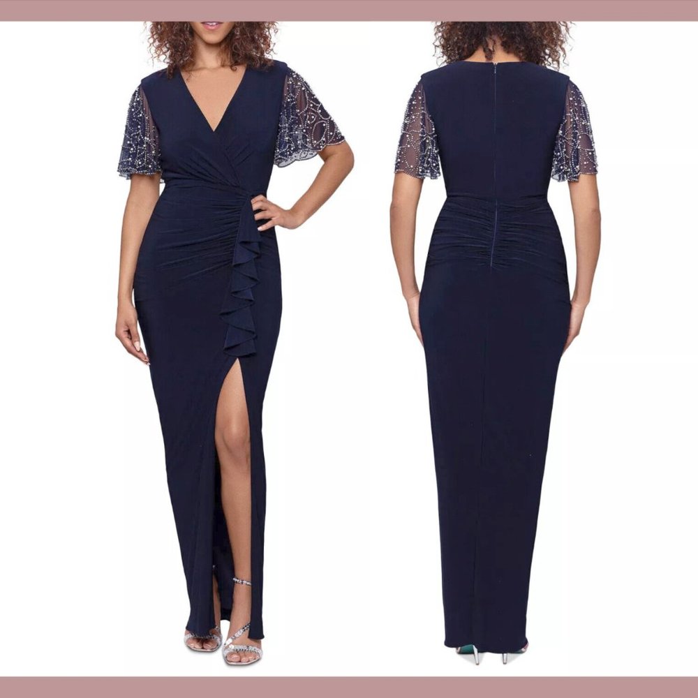 NWT $269 BETSY & ADAM [ 6‎ ] Ruched Ruffle Beaded Sleeve Gown in Navy Blue